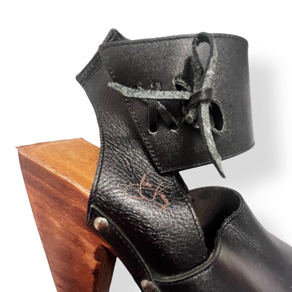 NWOB John Fluevog Rahab Black Leather Wood Lace Up Platform Peep Heel Square 8 - Picture 10 of 12